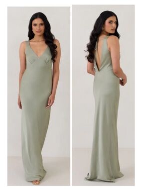 Park & Fifth Medium Gracey Formal Bridesmaid Open Back True Sage Satin Dress